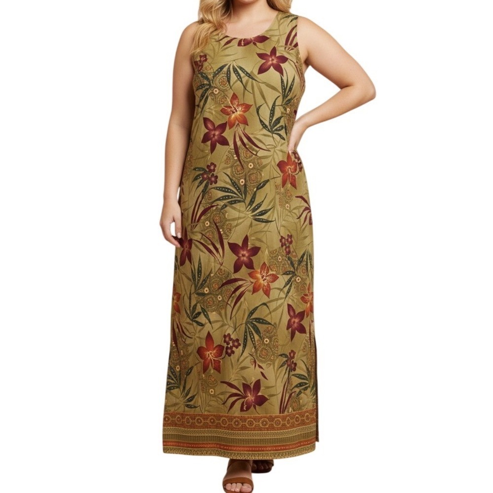 RK Originals Women's Size 18 Sleeveless Maxi Dress Floral Print Olive Green